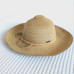 Sun N’ Sand Sun Straw Beach Hat Gold Metallic material, Bow Trim